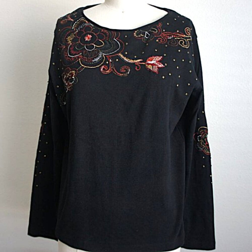 Chicos black embroidered cotton top size 2